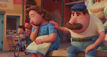 Movie still from “Luca” (2021), directed by Enrico Casarosa – An animated scene of a woman and a man; Medium shot, Low angle