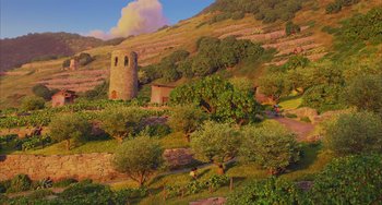 Movie still from “Luca” (2021), directed by Enrico Casarosa – An old stone tower in the middle of a green valley; Extreme Wide shot, Low angle