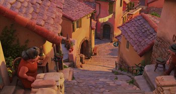 Movie still from “Luca” (2021), directed by Enrico Casarosa – A view of an old town from a distance; Extreme Wide shot, High angle