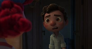 Movie still from “Luca” (2021), directed by Enrico Casarosa – A boy is looking at himself in the mirror; Close Up shot, Over the shoulder angle