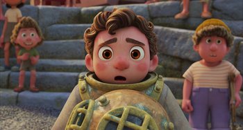 Movie still from “Luca” (2021), directed by Enrico Casarosa – A character from the animated film , the little mermaid; Close Up shot, High angle