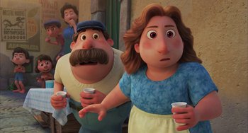 Movie still from “Luca” (2021), directed by Enrico Casarosa – A couple of people standing next to each other holding cups; Medium shot, Over the shoulder angle