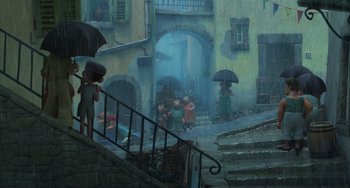 Movie still from “Luca” (2021), directed by Enrico Casarosa – A group of people walking down the stairs in the rain; Wide shot, Low angle