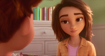 Movie still from “Luck” (2022), directed by Peggy Holmes – A young girl is looking at a young man; Close Up shot, Over the shoulder angle