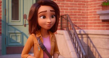 Movie still from “Luck” (2022), directed by Peggy Holmes – A girl with brown hair is standing on a step; Close Up shot, Over the shoulder angle