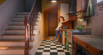 Movie still from “Luck” (2022), directed by Peggy Holmes – An animated woman in a kitchen holding a knife; Wide shot, Overhead angle