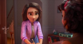 Movie still from “Luck” (2022), directed by Peggy Holmes – A girl is holding a pencil in her hand; Medium shot, Over the shoulder angle