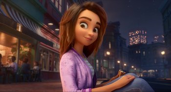 Movie still from “Luck” (2022), directed by Peggy Holmes – A woman with brown hair holding a skateboard; Medium shot, Over the shoulder angle