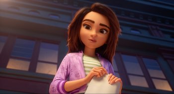 Movie still from “Luck” (2022), directed by Peggy Holmes – A girl is holding a piece of paper in her hands; Close Up shot, Over the shoulder angle