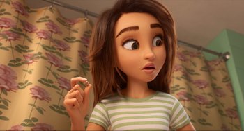 Movie still from “Luck” (2022), directed by Peggy Holmes – A girl holding a tooth brush in her mouth; Close Up shot, Over the shoulder angle