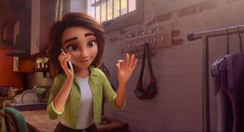 Movie still from “Luck” (2022), directed by Peggy Holmes – An animated woman talking on a cell phone; Medium shot, High angle