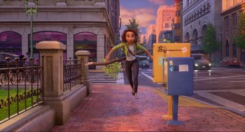 Movie still from “Luck” (2022), directed by Peggy Holmes – An animated picture of a woman jumping in the air; Wide shot, Low angle