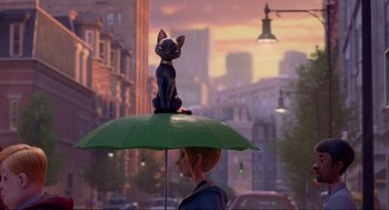 Movie still from “Luck” (2022), directed by Peggy Holmes – A person holding an umbrella with a cat on top of it; Close Up shot, Over the shoulder angle