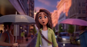 Movie still from “Luck” (2022), directed by Peggy Holmes – A girl with an open umbrella in a city; Close Up shot, Over the shoulder angle