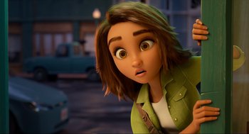 Movie still from “Luck” (2022), directed by Peggy Holmes – An animated woman with brown hair and a green jacket; Close Up shot, High angle