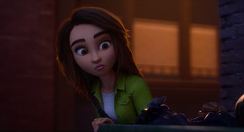 Movie still from “Luck” (2022), directed by Peggy Holmes – A girl is sitting in front of a table; Close Up shot, Over the shoulder angle