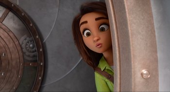 Movie still from “Luck” (2022), directed by Peggy Holmes – A woman with big eyes looking at the camera; Close Up shot, High angle