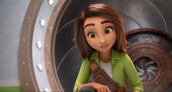 Movie still from “Luck” (2022), directed by Peggy Holmes – A woman sitting on the ground holding a bag; Close Up shot, Overhead angle