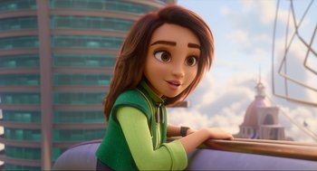 Movie still from “Luck” (2022), directed by Peggy Holmes – A woman with brown hair sitting in a car; Close Up shot, Over the shoulder angle