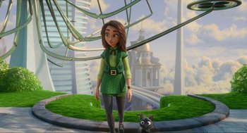 Movie still from “Luck” (2022), directed by Peggy Holmes – A woman standing next to a cat on a platform; Medium shot, Over the shoulder angle