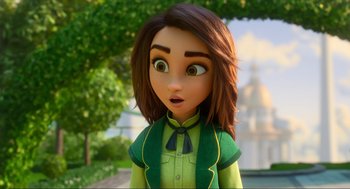 Movie still from “Luck” (2022), directed by Peggy Holmes – A girl with a surprised look on her face; Close Up shot, Over the shoulder angle