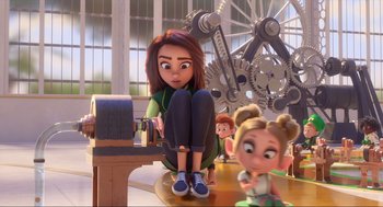 Movie still from “Luck” (2022), directed by Peggy Holmes – A woman sitting on the ground next to a girl; Medium shot, Over the shoulder angle