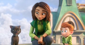 Movie still from “Luck” (2022), directed by Peggy Holmes – A woman sitting on top of a car next to a boy; Medium shot, Over the shoulder angle