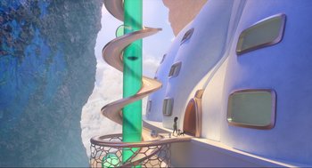 Movie still from “Luck” (2022), directed by Peggy Holmes – An artistic rendering of a building with a spiral staircase; Extreme Wide shot, High angle