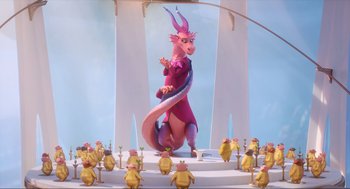 Movie still from “Luck” (2022), directed by Peggy Holmes – An image of an animated character in a pink outfit; Wide shot, Over the shoulder angle