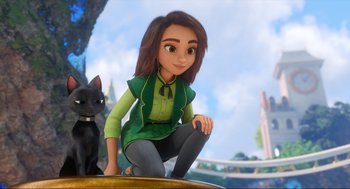 Movie still from “Luck” (2022), directed by Peggy Holmes – A woman kneeling down next to a black dog; Medium shot, High angle