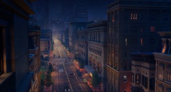 Movie still from “Luck” (2022), directed by Peggy Holmes – An image of a city at night with lights on; Extreme Wide shot, High angle