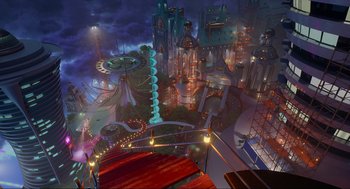 Movie still from “Luck” (2022), directed by Peggy Holmes – An aerial view of an amusement park at night time; Extreme Wide shot, Overhead angle