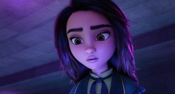 Movie still from “Luck” (2022), directed by Peggy Holmes – A girl with purple hair is looking at the camera; Close Up shot, Over the shoulder angle