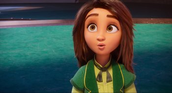 Movie still from “Luck” (2022), directed by Peggy Holmes – A girl with brown hair wearing a green jacket; Close Up shot, Over the shoulder angle