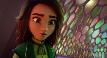 Movie still from “Luck” (2022), directed by Peggy Holmes – A girl's face in front of a wall of mirrors; Close Up shot, Over the shoulder angle