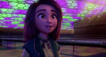 Movie still from “Luck” (2022), directed by Peggy Holmes – A girl is standing in front of a purple and green background; Close Up shot, Over the shoulder angle