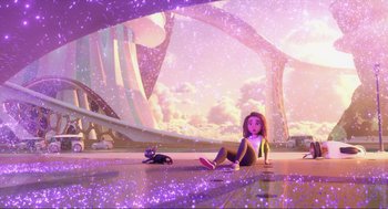 Movie still from “Luck” (2022), directed by Peggy Holmes – A woman sitting on the ground next to a cat; Wide shot, Low angle