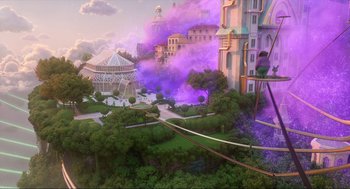 Movie still from “Luck” (2022), directed by Peggy Holmes – An artistic rendering of a city with purple smoke coming out of it; Extreme Wide shot, Low angle