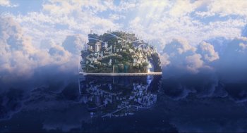 Movie still from “Luck” (2022), directed by Peggy Holmes – An island floating in the middle of the ocean; Extreme Wide shot, Low angle