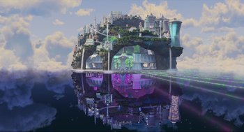 Movie still from “Luck” (2022), directed by Peggy Holmes – An artistic rendering of an island in the middle of the ocean; Extreme Wide shot, High angle