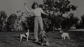 Movie still from “Lucy and Desi” (2022), directed by Amy Poehler – A black and white photo of a woman and her dogs; Wide shot, Low angle