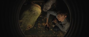 Movie still from “Lyle, Lyle, Crocodile” (2022), directed by Will Speck – A boy is sitting on the ground with a stuffed animal and a cat; Medium shot, Overhead angle