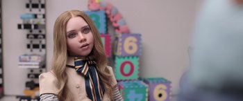Movie still from “M3GAN” (2022), directed by Gerard Johnstone – A girl with long blonde hair wearing a tie; Close Up shot, Low angle
