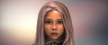 Movie still from “M3GAN” (2022), directed by Gerard Johnstone – A girl with long white hair is looking at the camera; Close Up shot, High angle