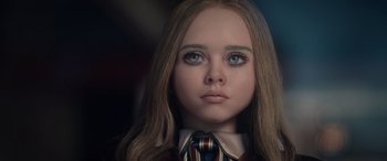 Movie still from “M3GAN” (2022), directed by Gerard Johnstone – A doll's face in a suit and tie; Close Up shot, Low angle