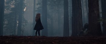 Movie still from “M3GAN” (2022), directed by Gerard Johnstone – A woman standing in the middle of a forest; Wide shot, Low angle
