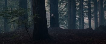 Movie still from “M3GAN” (2022), directed by Gerard Johnstone – A woman standing in the middle of a forest; Wide shot, Low angle