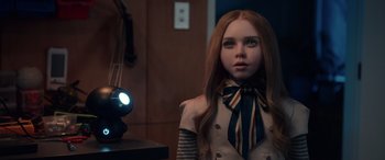 Movie still from “M3GAN” (2022), directed by Gerard Johnstone – A doll with long red hair wearing a jacket and tie; Close Up shot, Over the shoulder angle