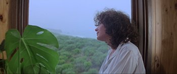 Movie still from “Mad Max” (1979), directed by George Miller – A woman with curly hair looking out over a lush green forest; Close Up shot, Low angle