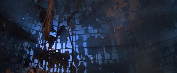 Movie still from “Mad Max Beyond Thunderdome” (1985), directed by George Miller – A group of people standing in front of a mirror; Extreme Wide shot, Overhead angle